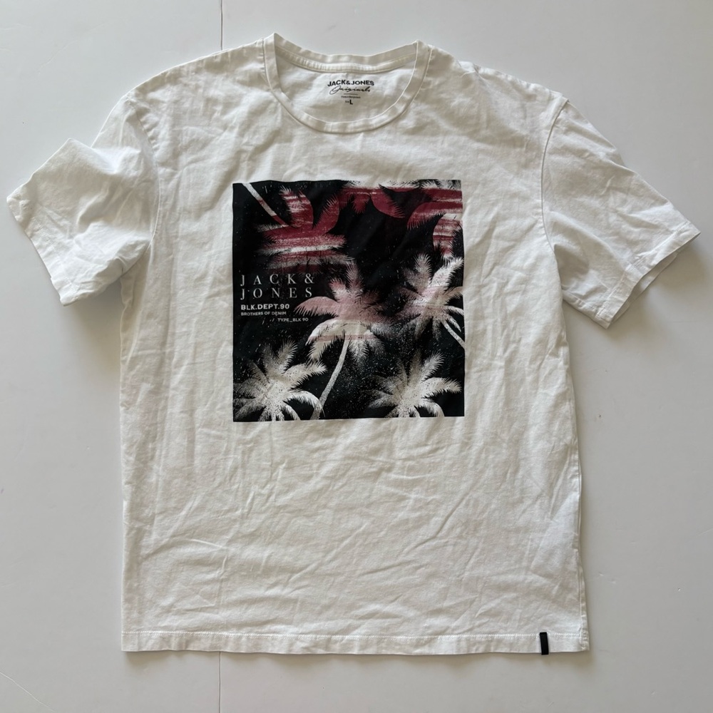 Jack & Jones Men’s White Palm-Print Crew T-Shirt Large